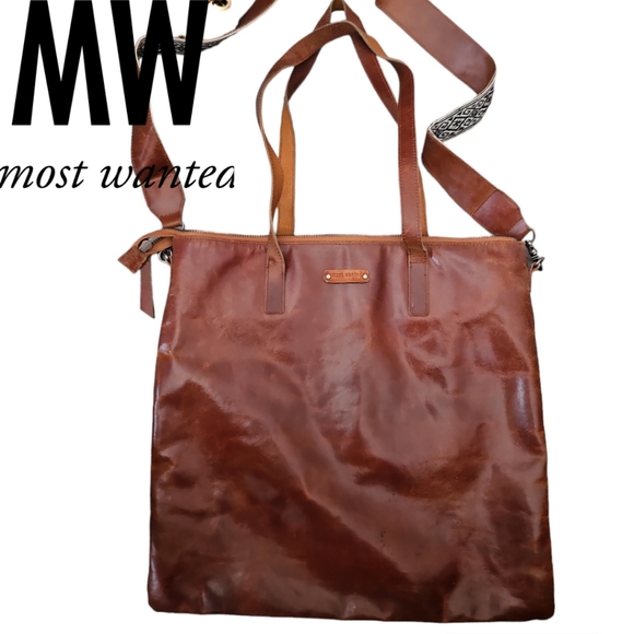 Most Wanted USA Tan Leather & Canvas Shoulder Laptop Tote Handbag - Picture 2 of 6
